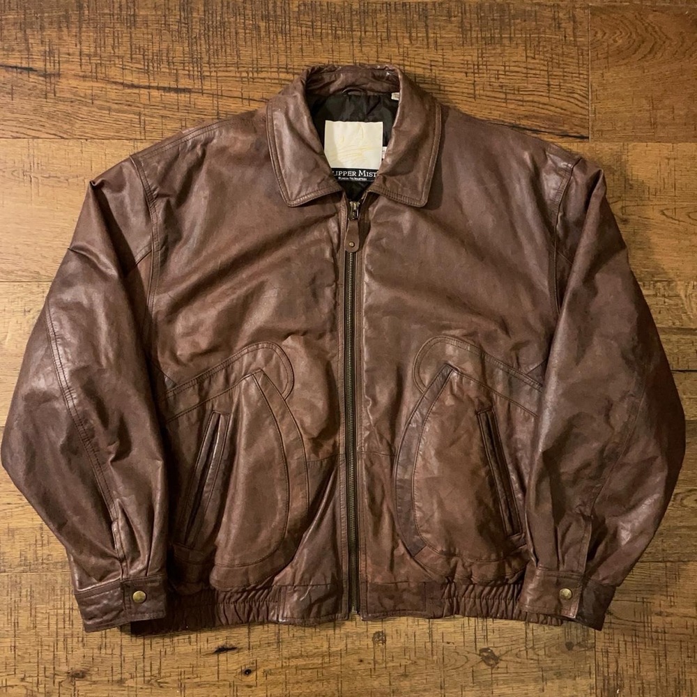 London Fog Clipper Mist Bomber Jacket Mens 44 Brown Americana Vintage Leather